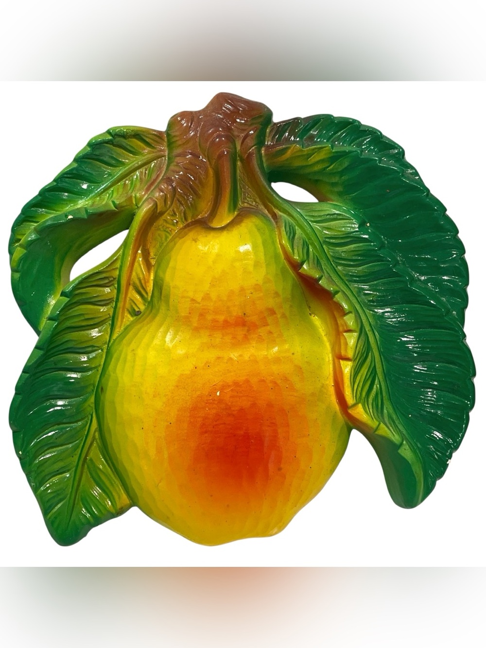 Vintage 1950s Chalkware Fruit Wall Plaque Kitchen Decor - Leafy Pear - Kitschy